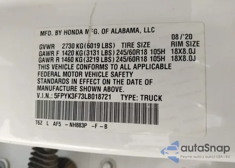 2020 Honda Ridgeline Rtl-E из США, поврежденный, VIN 5FPYK3F73LB018721